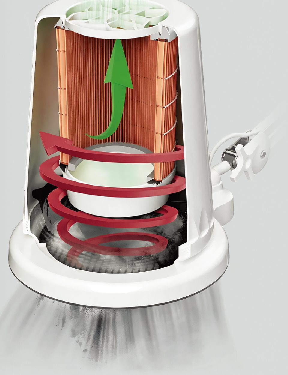 Cutaway of an upright dust collector showing air drawn in through the base, passing through the PureFibe cartridge and leaving clean at the top