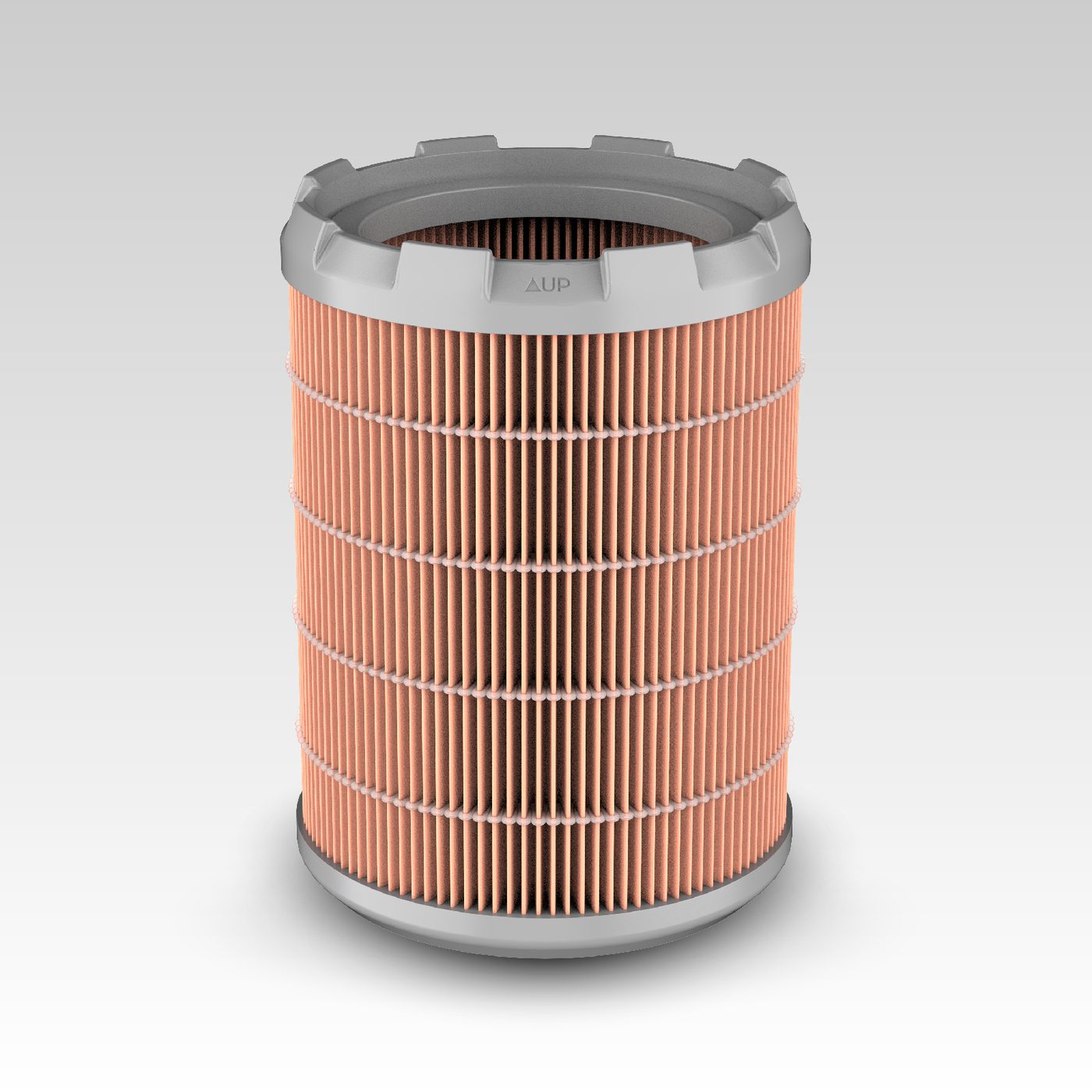 A cylindrical pleated filter cartridge with copper-coloured PureFibe media and grey end caps